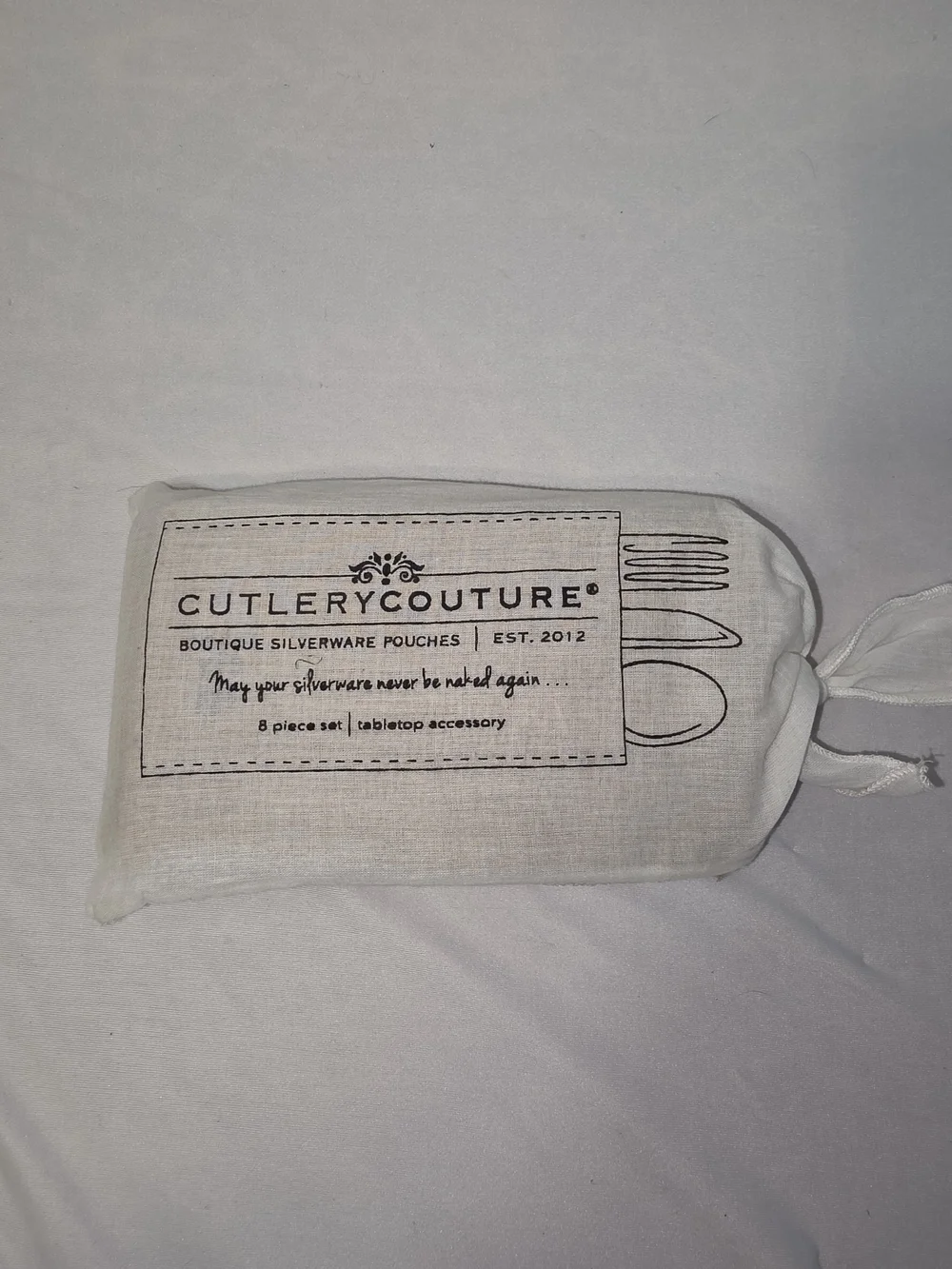 Cutlery Couture Beige Burlap Silverware Pouch with Floral Stitch
